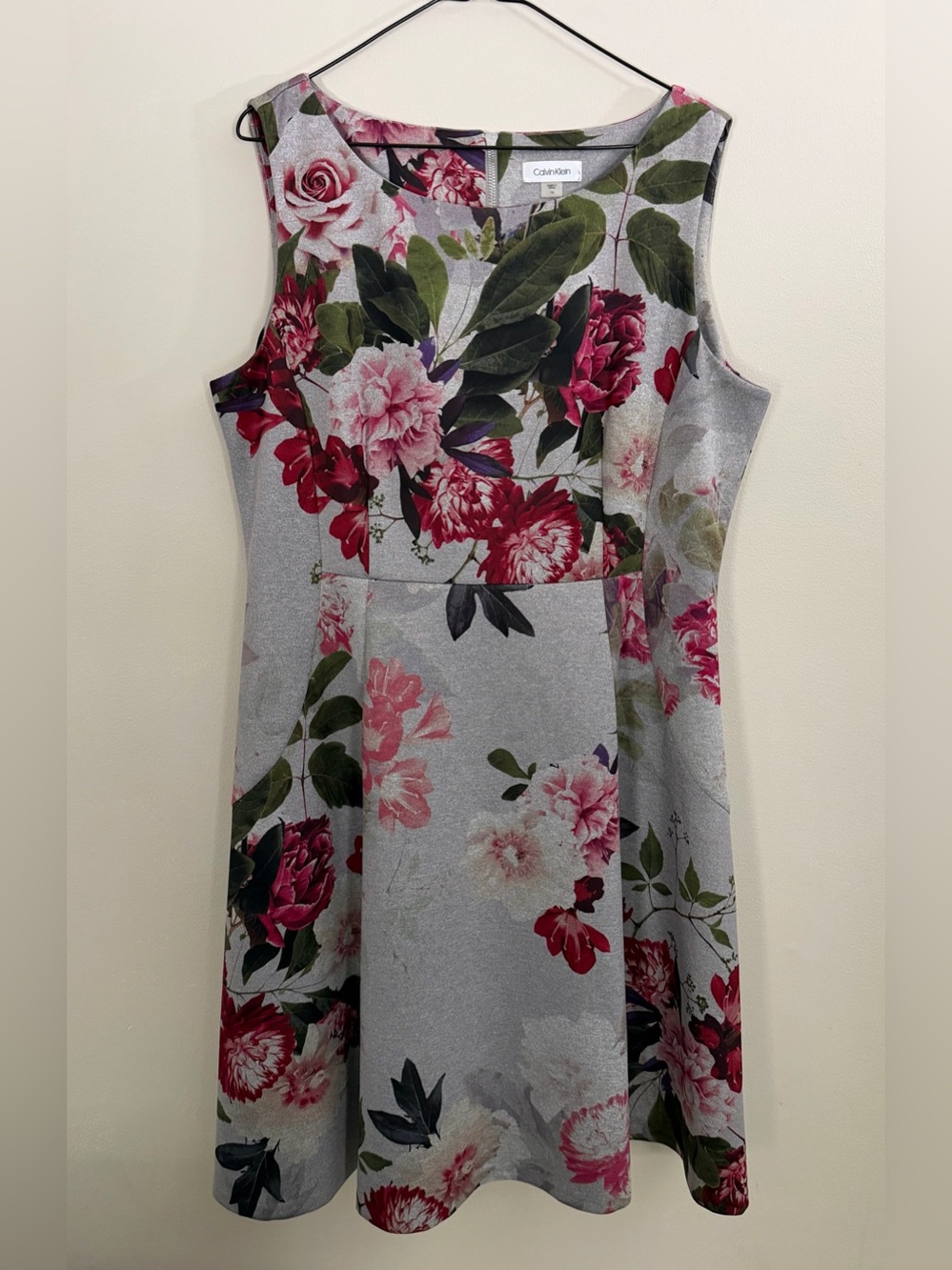 Calvin Klein Sz 16 Women’s Grey Red Floral Sleeveless A-line Formal Dress EUC